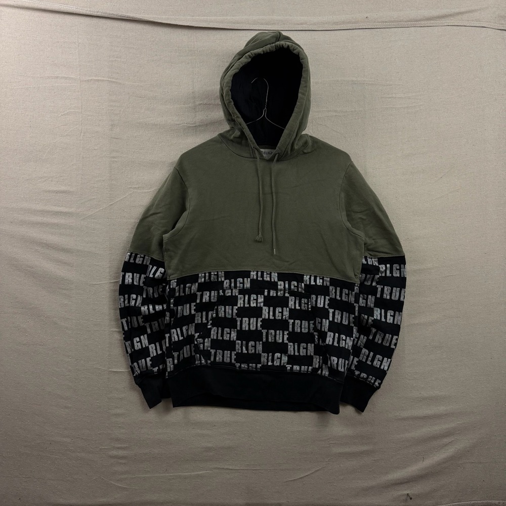 True‎ Religion Hoodie Mens Large Olive Black Monogram Pullover Sweatshirt Logo